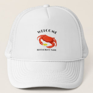 Modern seafood welcome red Crab butter logo name Trucker Hat