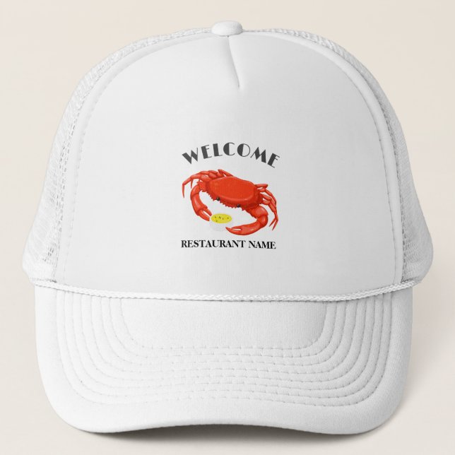Modern seafood welcome red Crab butter logo name Trucker Hat (Front)