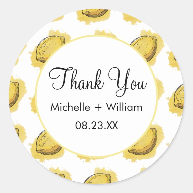 Modern Seamless Pattern Watercolor Wedding Lemon   Classic Round Sticker (Front)