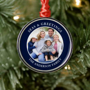Modern Seas and Greetings Photo Blue Metal Metal Ornament