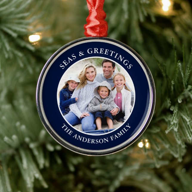 Modern Seas and Greetings Photo Blue Metal Ornament (Tree)