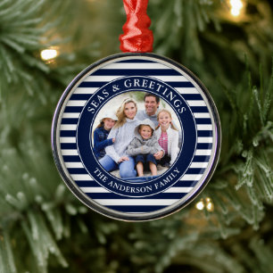 Modern Seas and Greetings Photo Blue Stripes Metal Ornament