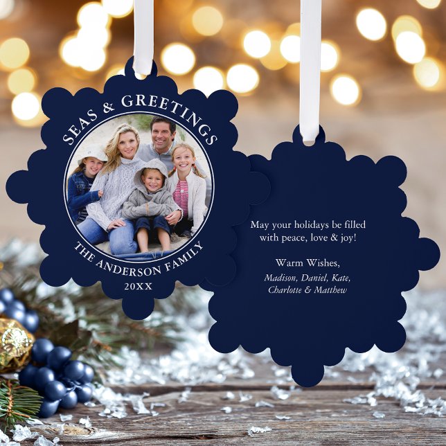 Modern Seas and Greetings Photo Blue Tree Decoration Card (A greeting card that is also an ornament! Customize with your photo and personalized text.)