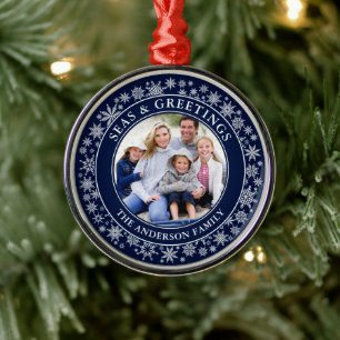 Modern Seas and Greetings Photo Snowflakes Blue  Metal Ornament