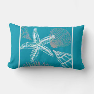 Modern Seashell Beach House Aqua Blue Starfish Lumbar Cushion