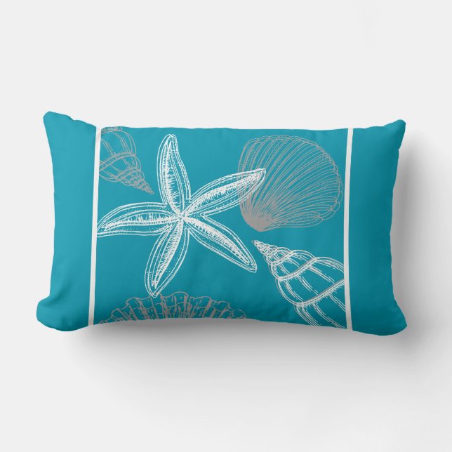 Modern Seashell Beach House Aqua Blue Starfish Lumbar Cushion (Front)