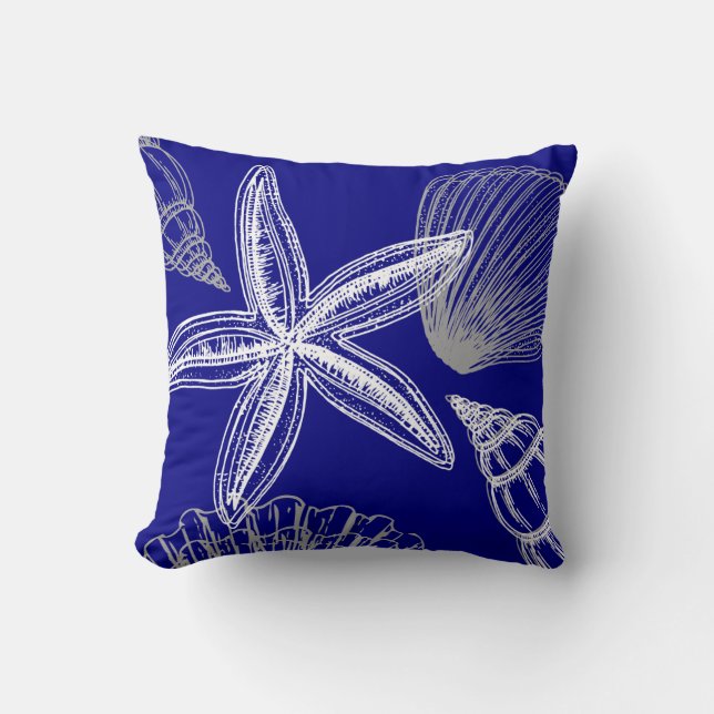 Modern Seashell Beach House Blue White Starfish Cushion (Front)