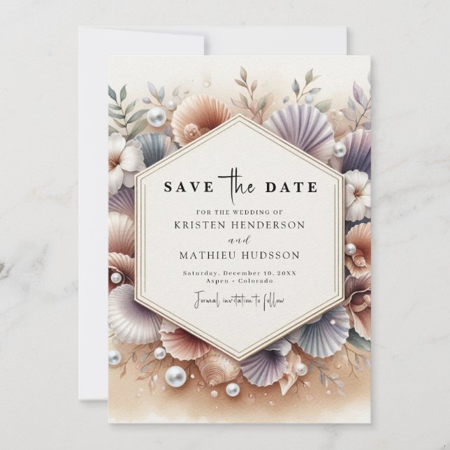 Modern Seashell Beach Wedding Save The Date (Front)