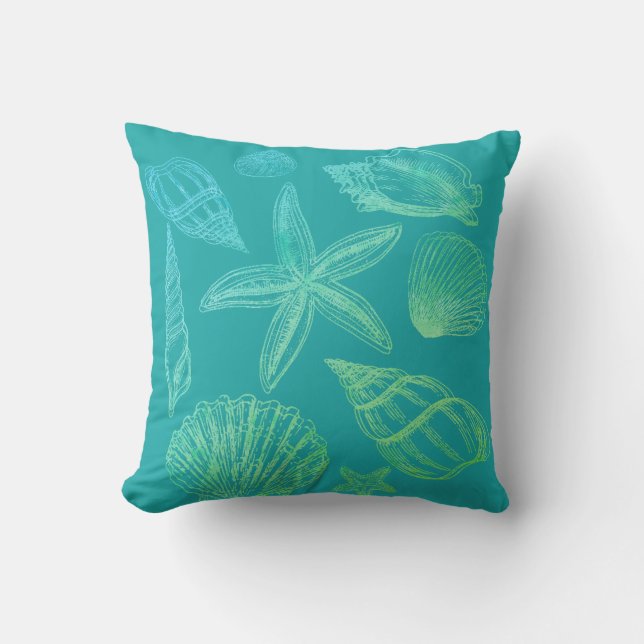 Modern Seashell Blue Green Teal Ombre Beach Shell Cushion (Front)
