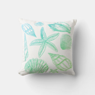 Modern Seashell Blue Green White Ombre Beach Shell Cushion
