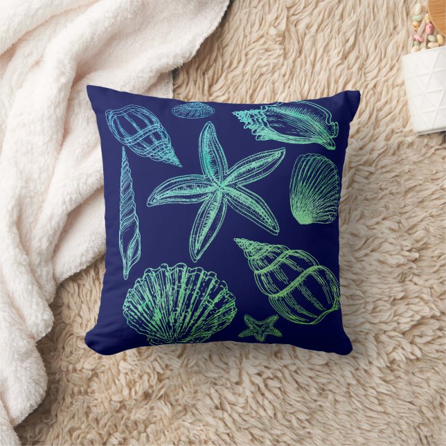 Modern Seashell Navy Aqua White Ombre Beach Shell Cushion (Blanket)