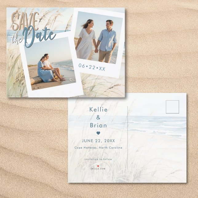 Modern Seaside Watercolor Beach Photo Wedding Announcement Postcard (Modern Seaside Watercolor Beach Photo Save The Date Postcard)