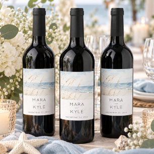 Modern Seaside Watercolor Beach Wedding Wine Label