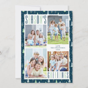 Modern SEASONS GREETINGS 4 Photo Trees Blue Green Holiday Card