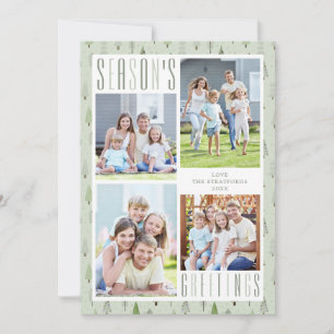 Modern SEASONS GREETINGS 4 Photo Trees Sage Green Holiday Card