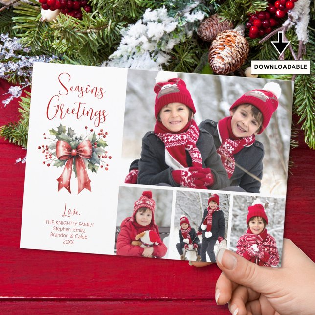 Modern SEASONS GREETINGS 4 Photos Red Bow Script Holiday Card (Creator Uploaded)