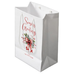 Modern Seasons Greetings Script Holly Bow Name Medium Gift Bag