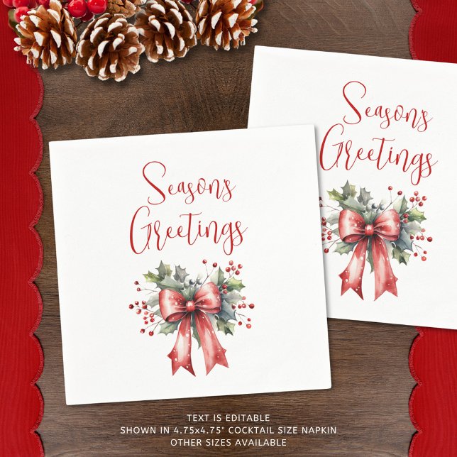 Modern Seasons Greetings Script Holly Bow Napkin (Creator Uploaded)