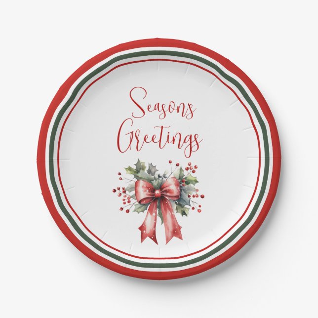 Modern Seasons Greetings Script Holly Bow Paper Plate (Front)