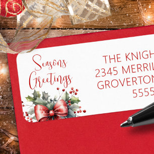 Modern Seasons Greetings Script Red Bow Holly Return Address Label