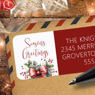 Modern Seasons Greetings Script Red Bow Return Address Label