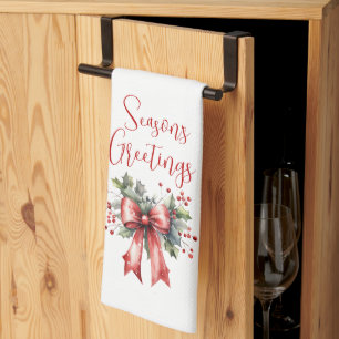 Modern Seasons Greetings Script Red Bow Tea Towel