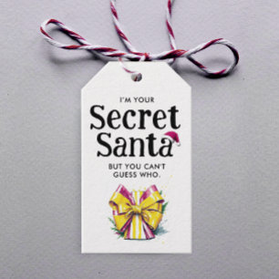 Modern Secret Santa Red Yellow Bow Watercolor Gift Tags