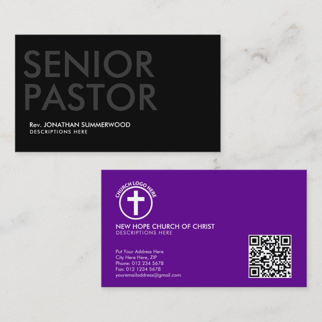 Modern Senior Pastor with Photo Black Business Card (Front/Back)