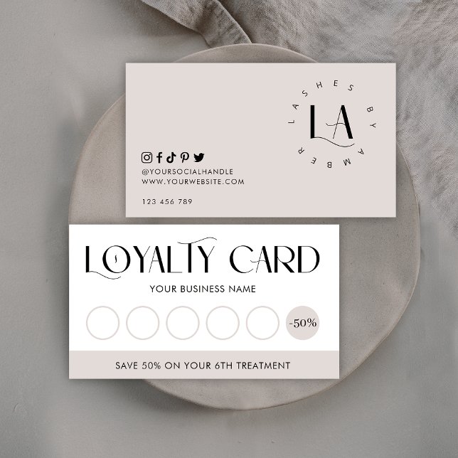 Modern Serif Font Logo Salon or Spa Taupe & White Loyalty Card (Creator Uploaded)