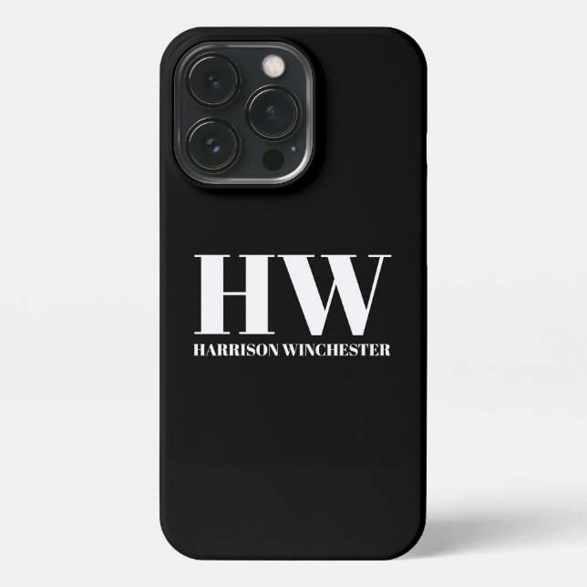 Modern serif initials monogram name black white iPhone case (Back)