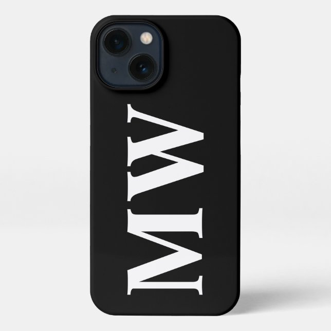 Modern serif monogram initials solid black white iPhone case (Back)
