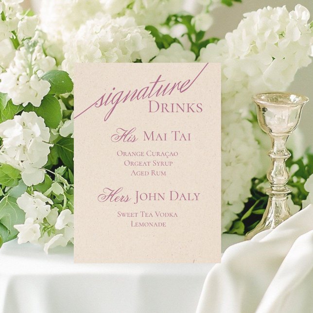 Modern Serif Purple Signature Cocktail Wedding Pedestal Sign (Elevate your wedding bar or special event with this modern serif signature cocktails sign!)