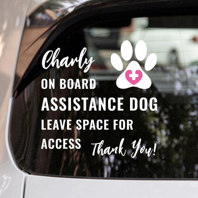 Modern Service Dog on Board Pink Medical Logo Car (Service dog, emotional support dog or therapy dog on board car window cling with pink medical logo.)