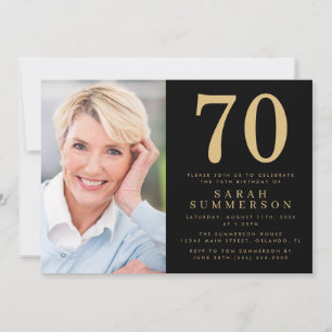Modern Seventy Black Gold Photo 70th Birthday Invitation