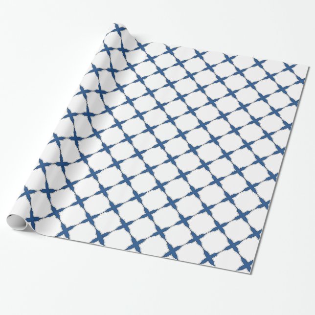 Modern Shabby Chic Cross Pattern Navy Blue White Wrapping Paper (Unrolled)