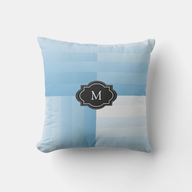 Modern shades of blue colours stripes monogram cushion (Front)