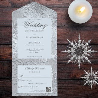 Modern Shades of Ice Blue Snowflake QR Code All In One Invitation