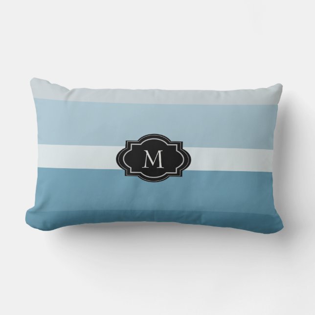Modern shades teal blue stripes monogram family lumbar cushion (Front)