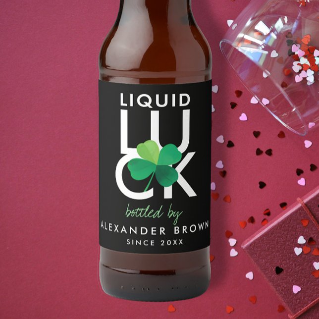 Modern Shamrock Liquid Luck Black White Green  Beer Bottle Label (Creator Uploaded)