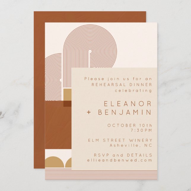 Modern Shapes and Line Terracotta Rehearsal Dinner Invitation (Front/Back)