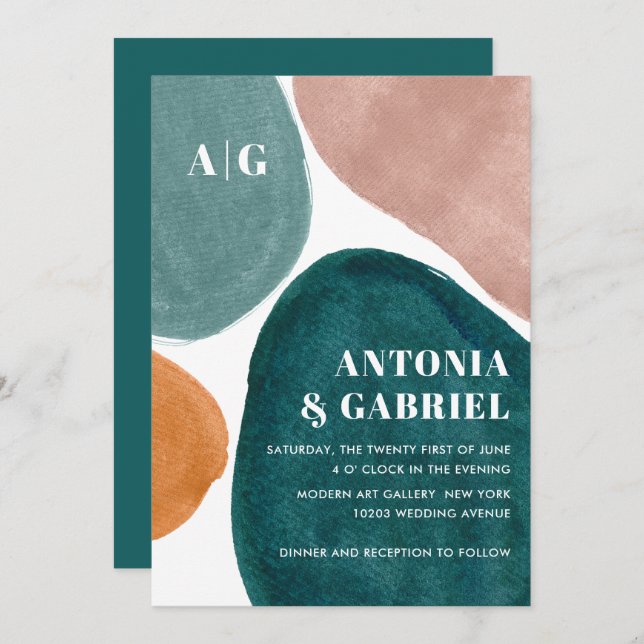 Modern Shapes orange teal pink monogram wedding In Invitation (Front/Back)