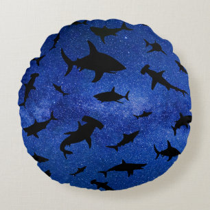 Modern shark fish jaws whale under the sea galaxy round cushion