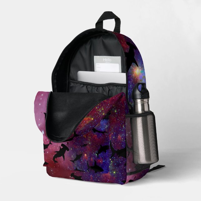 Modern shark gradient cosmos space galaxy boys printed backpack (Back Corner Right (Open))