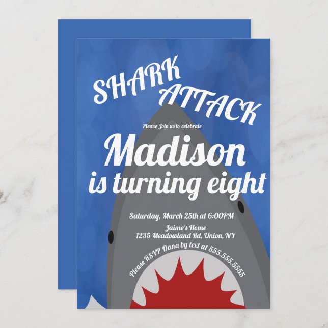 Modern Shark Themed Birthday Party Invitation (Front/Back)