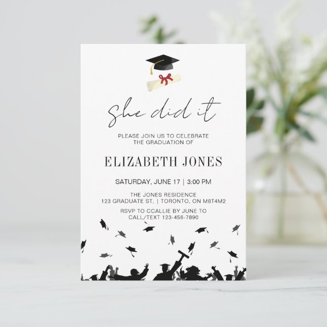 Modern She Did It Graduation Party Minimalist Gift Invitation (Standing Front)