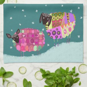 Modern Sheep in Winter Kitchen Tea Towel