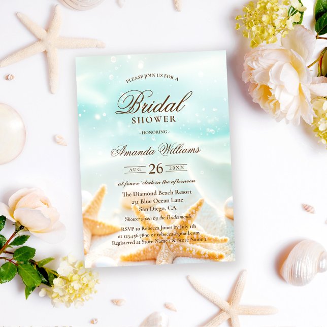 Modern Shells Starfish Beach Bridal Shower Invitation (Creator Uploaded)