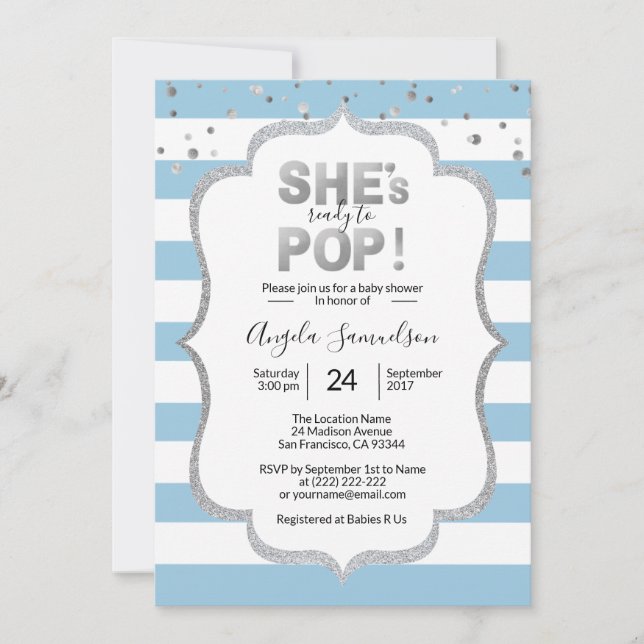 Modern She's Ready to POP Silver BOY Baby Shower Invitation (Front)