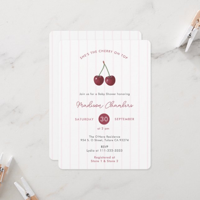 Modern She's The Cherry on Top Baby Girl Shower Invitation (Front/Back In Situ)
