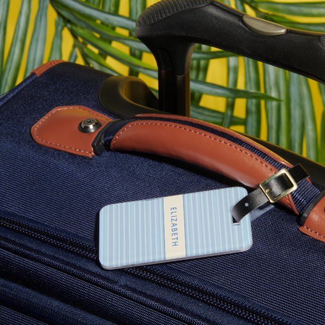 Modern Shimmering Blue Striped Custom Luggage Tag (Front Insitu 3)